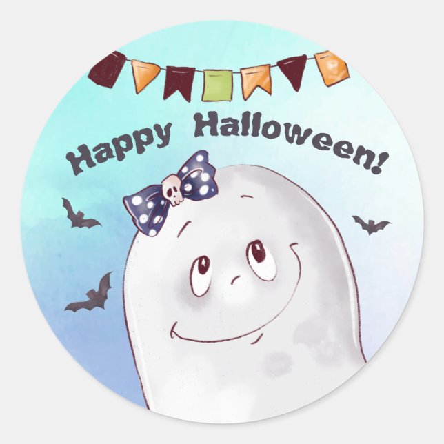 Cute Ghost Happy Halloween  Classic Round Sticker (Front)