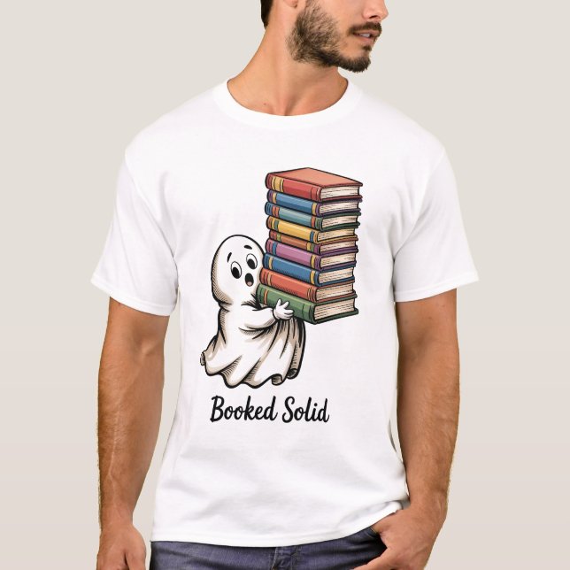 Cute Ghost Holding a Tall Stack of Books  T-Shirt (Front)