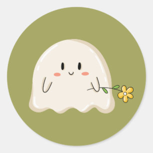 Cute Ghost Holding a Yellow Flower Classic Round Sticker