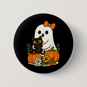 Cute Ghost Holding Black Cat Groovy Floral 6 Cm Round Badge