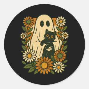 Cute Ghost Holding Black Cat Groovy Floral Funny Classic Round Sticker