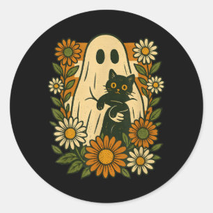 Cute Ghost Holding Black Cat Groovy Floral Funny Classic Round Sticker