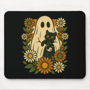 Cute Ghost Holding Black Cat Groovy Floral Funny Mouse Mat