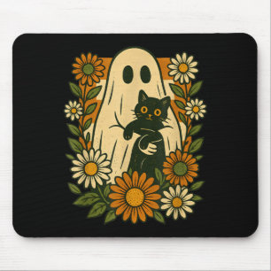 Cute Ghost Holding Black Cat Groovy Floral Funny Mouse Mat