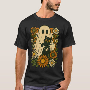 Cute Ghost Holding Black Cat Groovy Floral Funny T-Shirt
