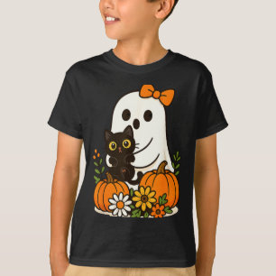 Cute Ghost Holding Black Cat Groovy Floral T-Shirt