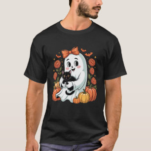 Cute Ghost Holding Black Cat Halloween Pumpkin Art T-Shirt