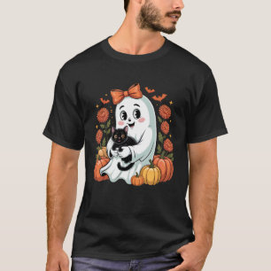 Cute Ghost Holding Black Cat Halloween Pumpkin Art T-Shirt