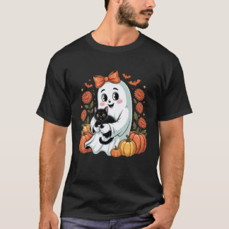 Cute Ghost Holding Black Cat Halloween Pumpkin Art T-Shirt