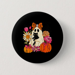 Cute Ghost Holding Black Cat Pumpkin Floral 6 Cm Round Badge