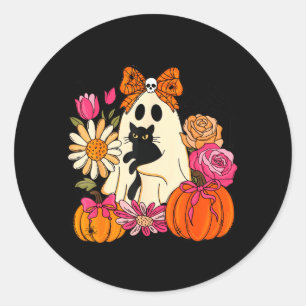 Cute Ghost Holding Black Cat Pumpkin Floral Classic Round Sticker