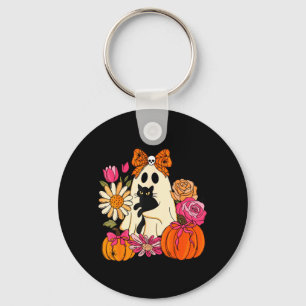 Cute Ghost Holding Black Cat Pumpkin Floral Key Ring