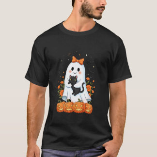 Cute Ghost Holding Black Cat Pumpkins Autumn Hallo T-Shirt