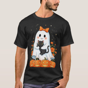 Cute Ghost Holding Black Cat Pumpkins Autumn T-Shirt