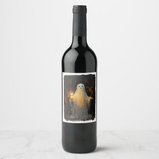 Cute Ghost Holding Candle Funny Halloween Gothic V Wine Label