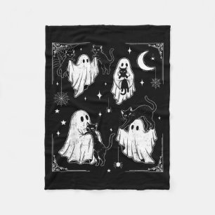 Cute Ghost Holding Cat Funny Halloween Men Women Fleece Blanket