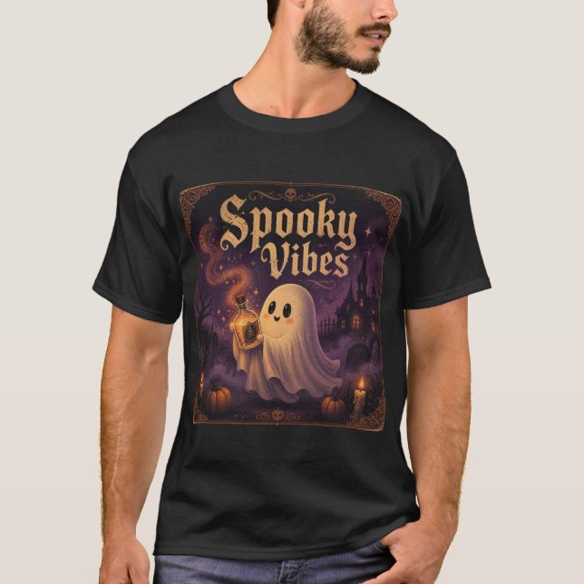 Cute Ghost Holding Lantern Halloween Tee. T-Shirt (Front)