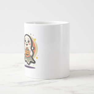 Cute Ghost Holding Pumpkin Candy Bucket Retro Hall Large Coffee Mug