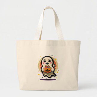 Cute Ghost Holding Pumpkin Candy Bucket Retro Hall Large Tote Bag