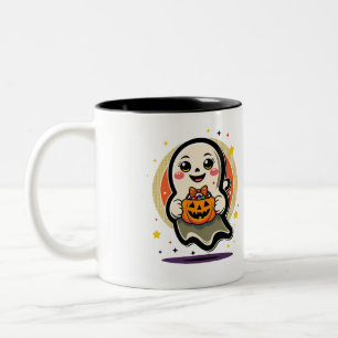 Cute Ghost Holding Pumpkin Candy Bucket Retro Hall Two-Tone Coffee Mug