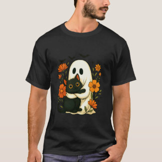 Cute Ghost Hugging Black Cat Flowers Halloween T-Shirt