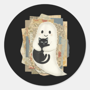 Cute Ghost Hugging Black Cat Halloween Classic Round Sticker