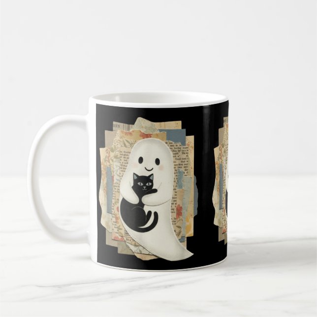 Cute Ghost Hugging Black Cat Halloween Coffee Mug (Left)