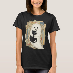 Cute Ghost Hugging Black Cat Halloween T-Shirt