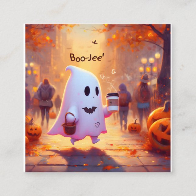 Cute ghost, hurry to the party Mug Square Business Card (Front)