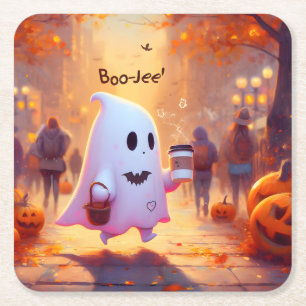 Cute ghost, hurry to the party square paper coaster