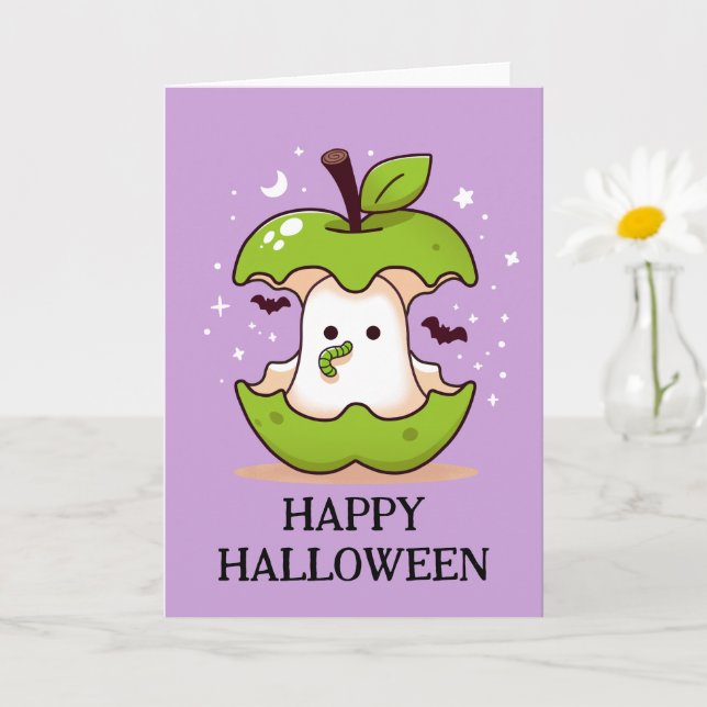 Cute Ghost In Apple With Worm Purple Halloween Card (Small Plant)
