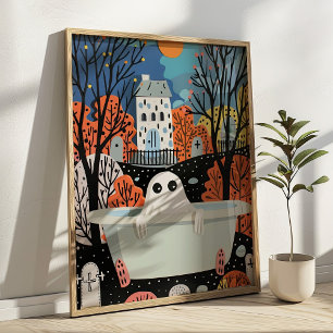 Cute Ghost in Bathtub 3D Halloween Bathroom Poster