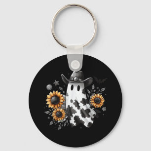 Cute Ghost In Cowboy Hat With Sunflowers Western H Key Ring