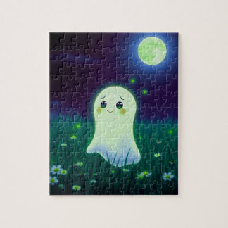 Cute ghost in field by moonlight jigsaw puzzle