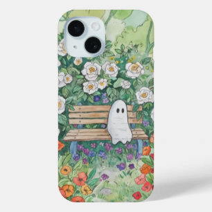 Cute Ghost in Garden Cottagecore Botanical Bench iPhone 15 Case