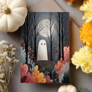 Cute Ghost in Haunted Forest Watercolor Halloween Card