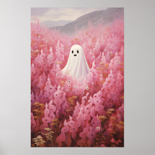 Cute Ghost in Pink Floral Field Poster