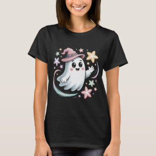 Cute ghost in pink witch hat with colourful stars T-Shirt