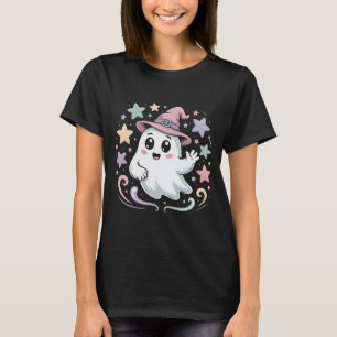 Cute ghost in pink witch hat with colourful stars T-Shirt