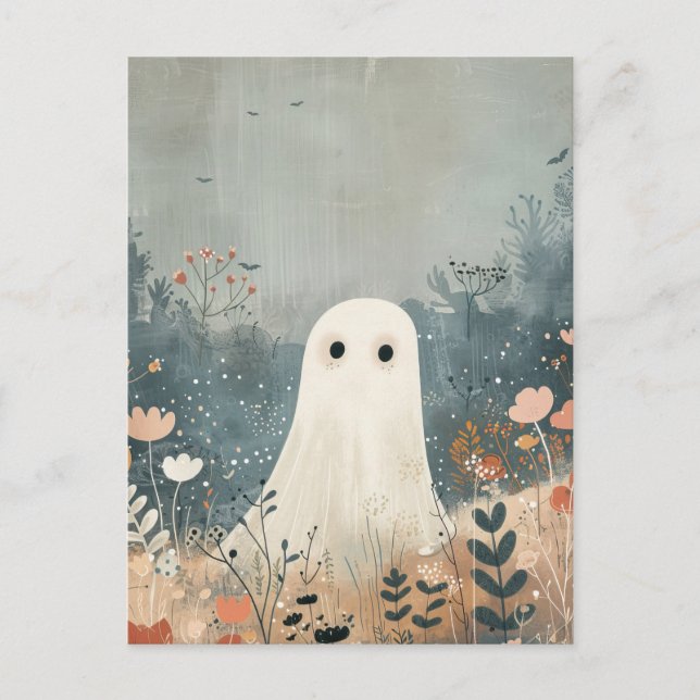 Cute Ghost in The Meadows Halloween Postcard (Front)