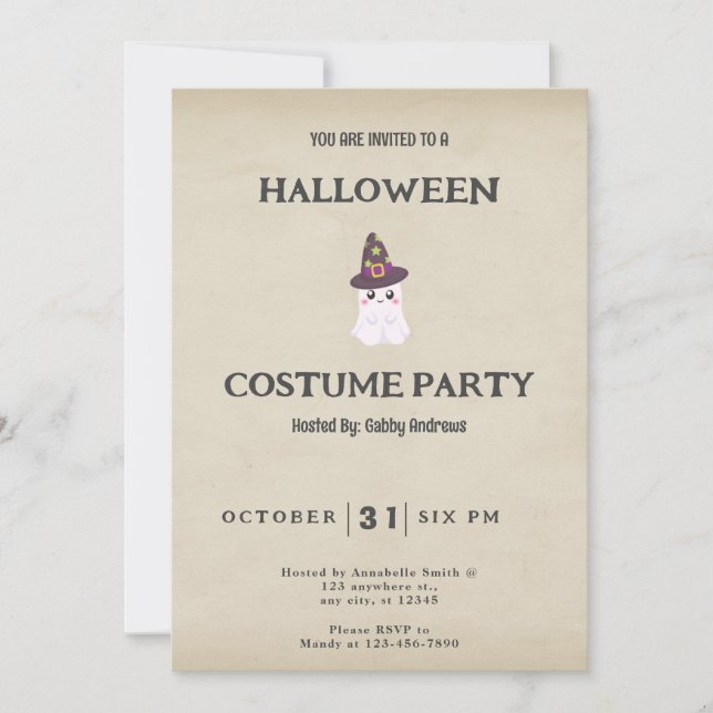 Cute Ghost in Wizards Hat Vintage Halloween Invitation (Front)