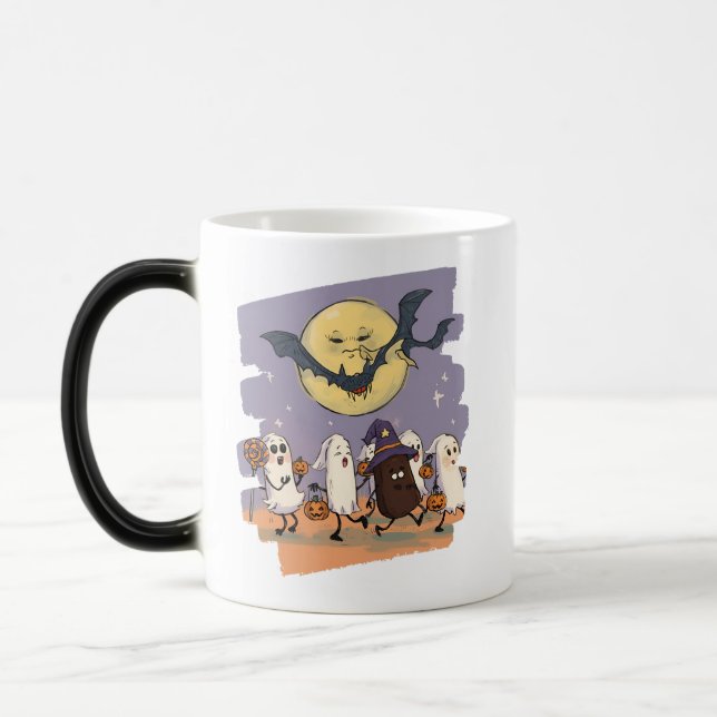 Cute Ghost Kids Trick or Treat Under Spooky Moon Magic Mug (Left)