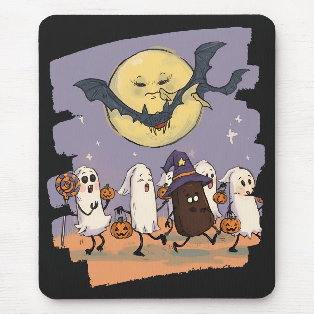 Cute Ghost Kids Trick or Treat Under Spooky Moon Mouse Mat (Front)
