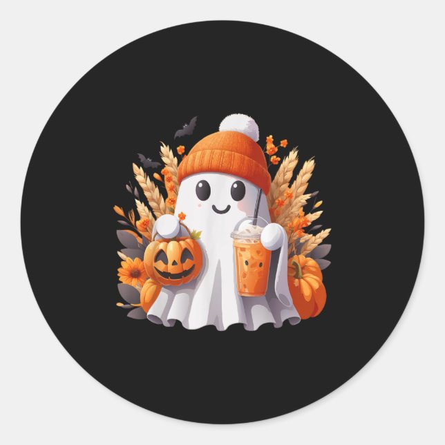 Cute Ghost Lace Toddler Ghost Pumpkin Ice Coffee H Classic Round Sticker (Front)