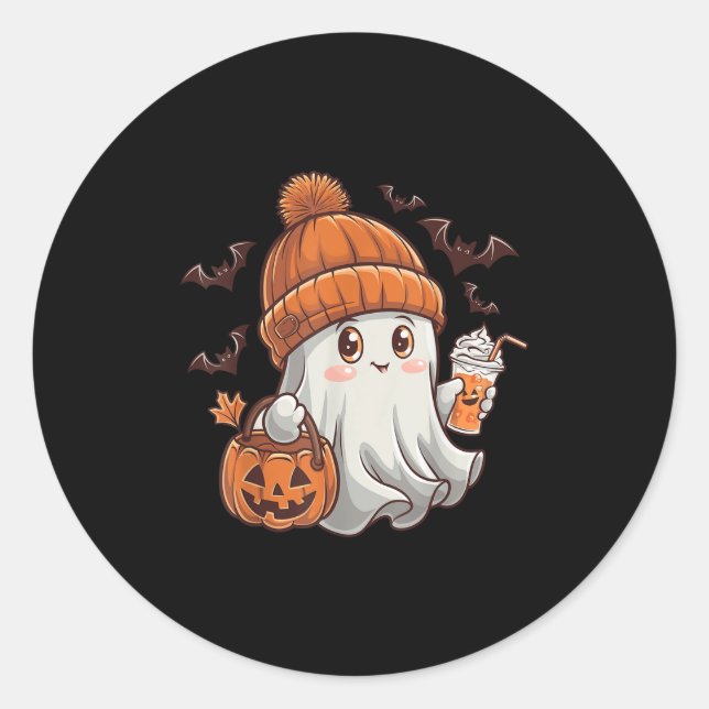 Cute Ghost Lace Toddler Ghost Pumpkin Ice Coffee H Classic Round Sticker (Front)