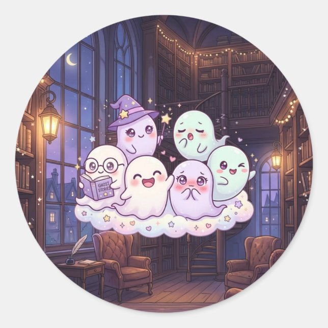 Cute Ghost Library Halloween Sticker (Front)