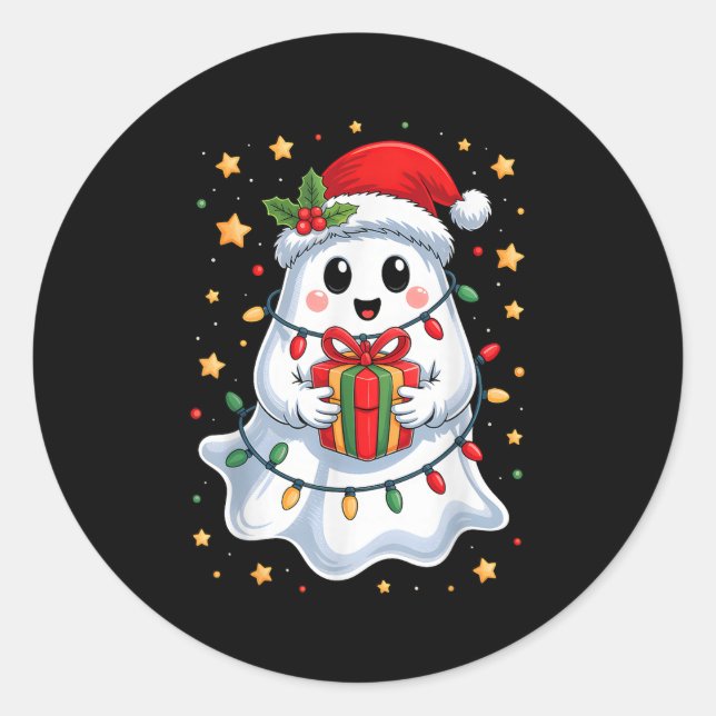 Cute Ghost Lights Tree Cake Merry Christmas Funny  Classic Round Sticker (Front)