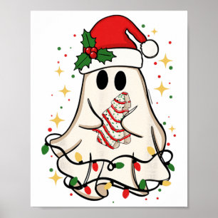 Cute Ghost Lights Tree Cake Merry Christmas Funny Poster