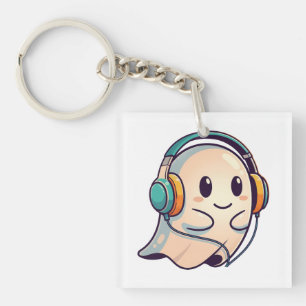 Cute Ghost Listening to Music with Headphone Key Ring