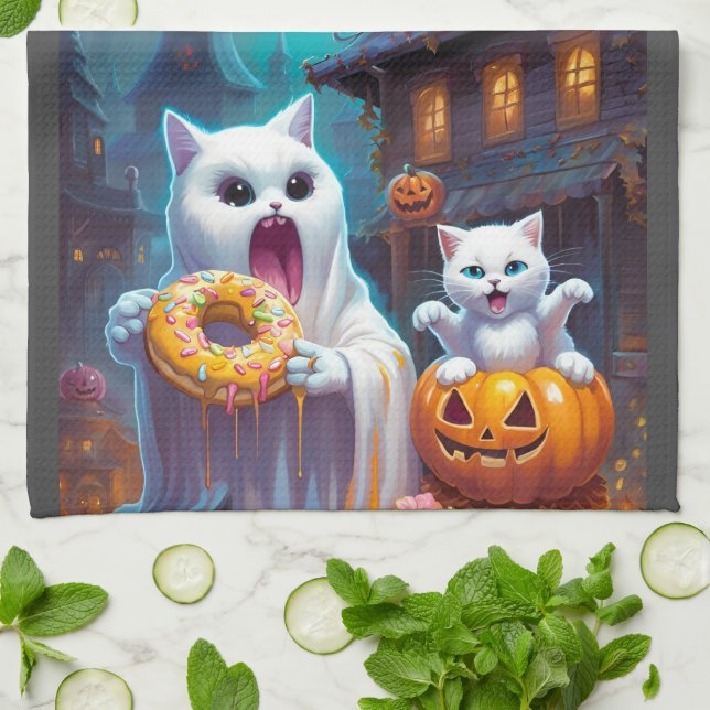 Cute Ghost N Kitten, Pumpkin and Doughnut Tea Towel (Folded)